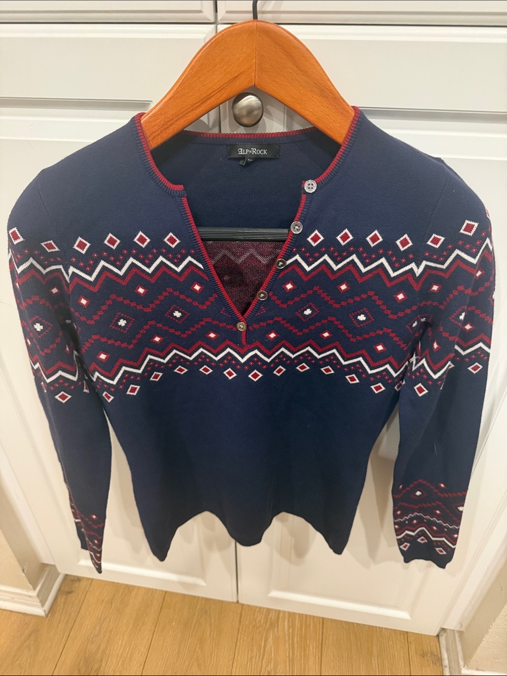 Alp N Rock Navy Fair Isle V-Neck Sweater with Red and White Pattern